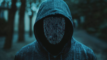 A Mysterious figure in hoodie with digital face, symbolizing cybersecurity threatsの素材
