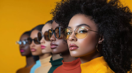 A Diverse women wearing stylish sunglasses against vibrant yellow backgroundの素材
