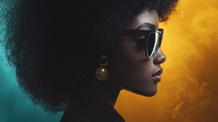 A stylish woman with afro hairstyle wears sunglasses and statement earrings, set against vibrant backgroundの素材