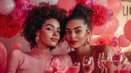 A Celebrating friendship with two women at festive gathering, surrounded by pink decorations and drinksの素材