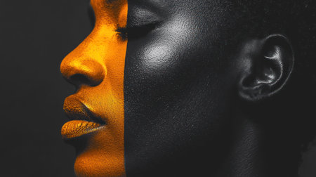 A Black and orange face paint on woman profile, celebrating diversity and creativityの素材