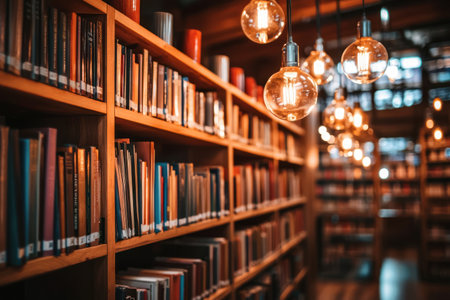 A cozy library filled with books and warm hanging lights creates welcoming atmosphereの素材