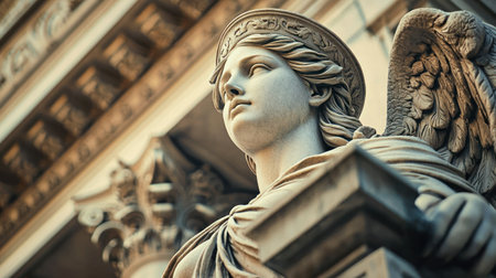 A detailed stone angel statue with intricate features and wings, symbolizing protection and guidanceの素材