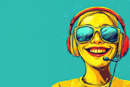 A Bright and cheerful person wearing headset and sunglasses, smiling happilyの素材