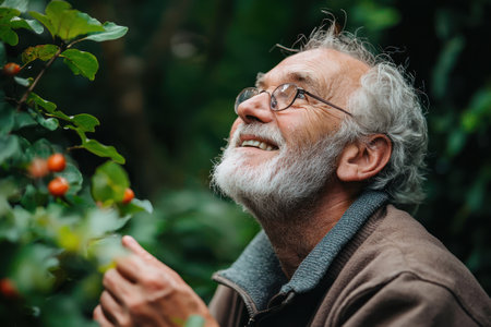 A joyful elderly man admires nature while picking berries in gardenの素材