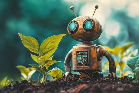 A charming robot stands among green plants, symbolizing innovation and natureの素材