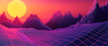 A Futuristic landscape with vibrant colors and glowing sun at sunsetの素材