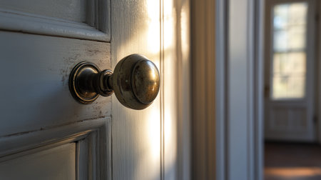 A closeup shot of the doorknob on an antique white wooden front door.の素材