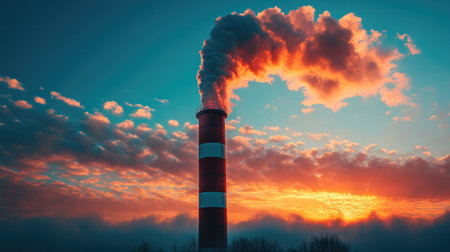 A tall industrial chimney emitting white smoke against a clear blue sky, symbolizing air pollution and environmental concerns..の素材