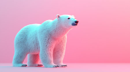 A polar bear stands in front of a pink background.の素材