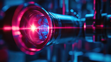 A camera lens with a red light shining through it. The light is focused on a blurry object in the backgroundの素材