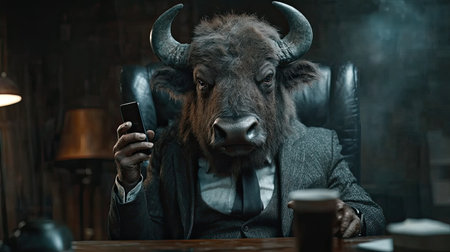 A businessman bull holding a smartphone while looking at the camera. Smart bull uses phone to surf the internet..の素材