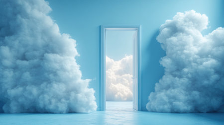 Abstract minimalist conceptual surreal background white fluffy cloud stack inside the doorway cumulus floating through the open door inside empty blue room.の素材
