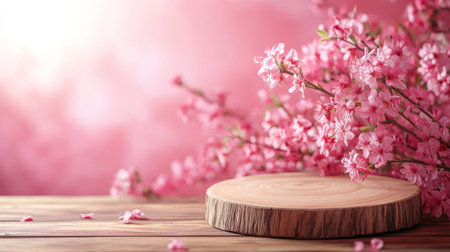 A wooden stand with pink flowers in the background.の素材