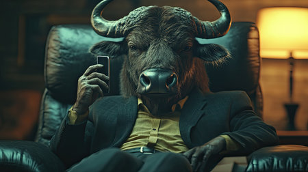 A businessman bull holding a smartphone while looking at the camera. Smart bull uses phone to surf the internet..の素材