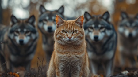 A cat is standing in front of a pack of wolves.の素材