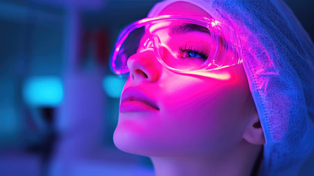 Beautiful woman during photo rejuvenation procedure. Face skin treatment by laser.の素材