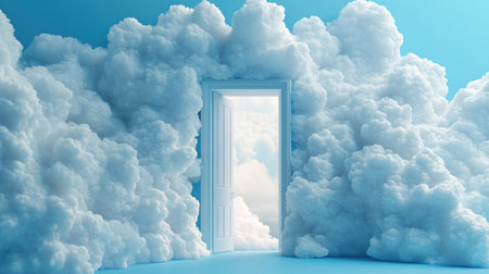 Abstract minimalist conceptual surreal background white fluffy cloud stack inside the doorway cumulus floating through the open door inside empty blue room.の素材