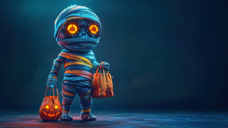 Cyberpunk mummy with colorful bandages holding a trick-or-treat bag Concept blends lowbrow pop surrealism with digital anime and 3D elements.の素材