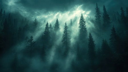 A forest with sunlight shining through the trees.の素材