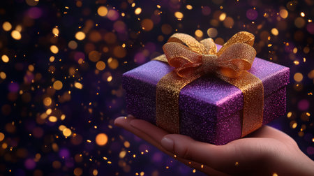A person is holding a purple box with gold ribbons.の素材