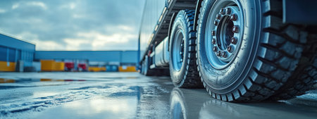 A large truck with two big tires is parked in a lot. The tires are wet and shiny, reflecting the light. The truck is surrounded by a building, giving the impression of a busy industrial areaの素材
