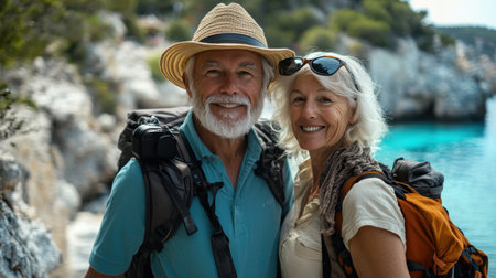 Senior couple on vacation, reflecting a modern, active lifestyle with stylish clothing and gear..の素材