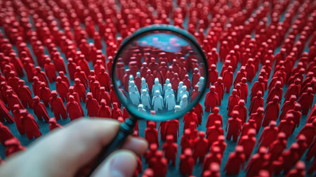 A person is holding a magnifying glass over a group of people.の素材