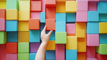 A child's hand is touching a colorful wall of blocks.の素材