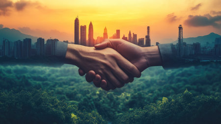 business handshake agreement with sustainable city background ESG concept.の素材