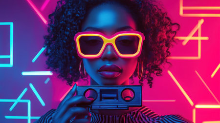 90s-Inspired Portrait Featuring Cassette Tape, Neon Background, and Bold Geometric Shapes Concept: This prompt captures the essence of the 90s through a portrait that blends personal.の素材