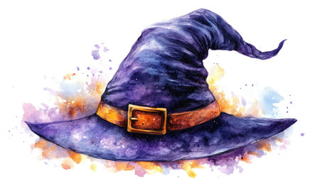 A purple hat with a brown buckle on the front.の素材