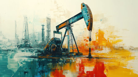 A painting of a pumpjack with a city in the background. The painting is colorful and has a mood of energy and excitementの素材