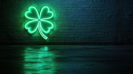 A Neon green shamrock sign glowing bright against dark wall background, creating modern and vibrant atmosphereの素材