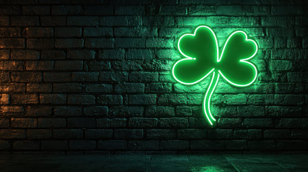 A Neon green shamrock sign glowing bright against dark wall background, creating modern and vibrant atmosphereの素材