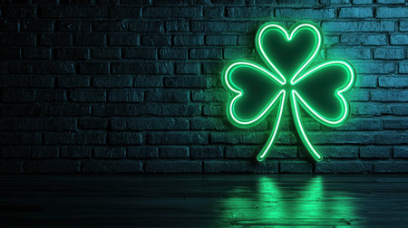A Neon green shamrock sign glowing brightly against dark wall background, creating modern and vibrant atmosphereの素材