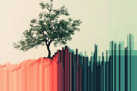 A tree growing on colorful abstract landscape, symbolizing growth and investmentの素材
