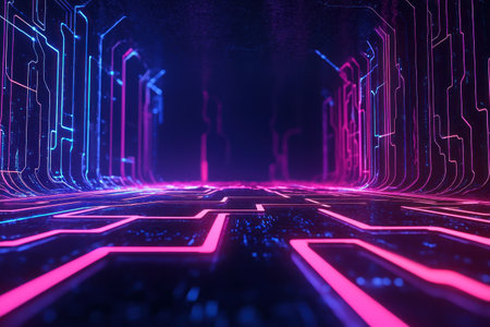 A digital network with glowing pathways and pulsing data nodes creates vibrant atmosphereの素材
