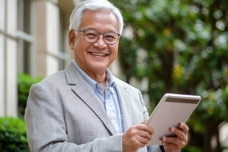 A Smiling senior man using tablet outdoors for financial planning and tax filingの素材