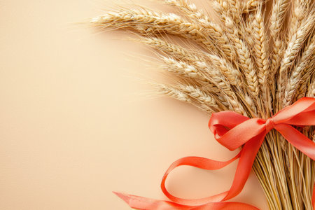 A Wheat stalks tied with red ribbon create festive harvest celebration theme, perfect for thanksgivingの素材