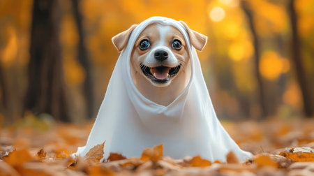 Funny dog wearing a cute ghost Halloween costume for a festive and humorous touch...の素材