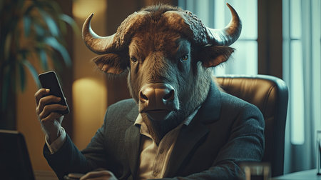 A businessman bull holding a smartphone while looking at the camera. Smart bull uses phone to surf the internet...の素材