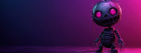 Cursed 3D cartoon voodoo doll with pins, deep purple background, eerie expression.の素材