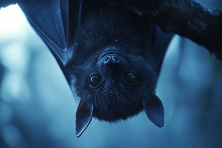 A bat is hanging upside down from a tree branch. The bat is black and has its head up. Scene is mysterious and eerieの素材