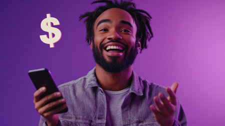 A man is holding a cell phone and smiling with dollar sign...の素材