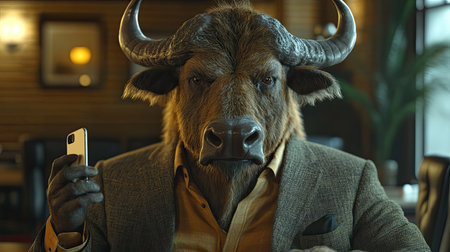 A businessman bull holding a smartphone while looking at the camera. Smart bull uses phone to surf the internet...の素材