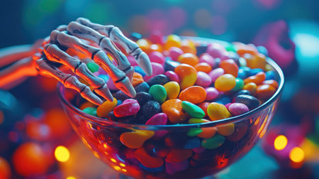 A bowl of candy with a skeleton hand reaching in. The image has a spooky and playful mood..の素材
