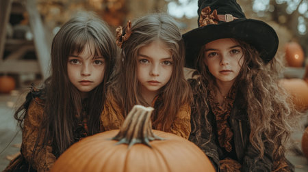 Three young girls are posing for a picture with a pumpkin. They are dressed in Halloween costumes and are wearing black hats. Scene is playful and festiveの素材