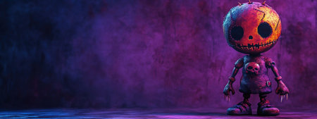 Cursed 3D cartoon voodoo doll with pins, deep purple background, eerie atmosphere.の素材