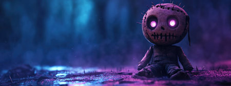 A cursed 3D cartoon voodoo doll with pins sits in mystical environment, illuminated by deep purple light, creating an eerie atmosphere..の素材